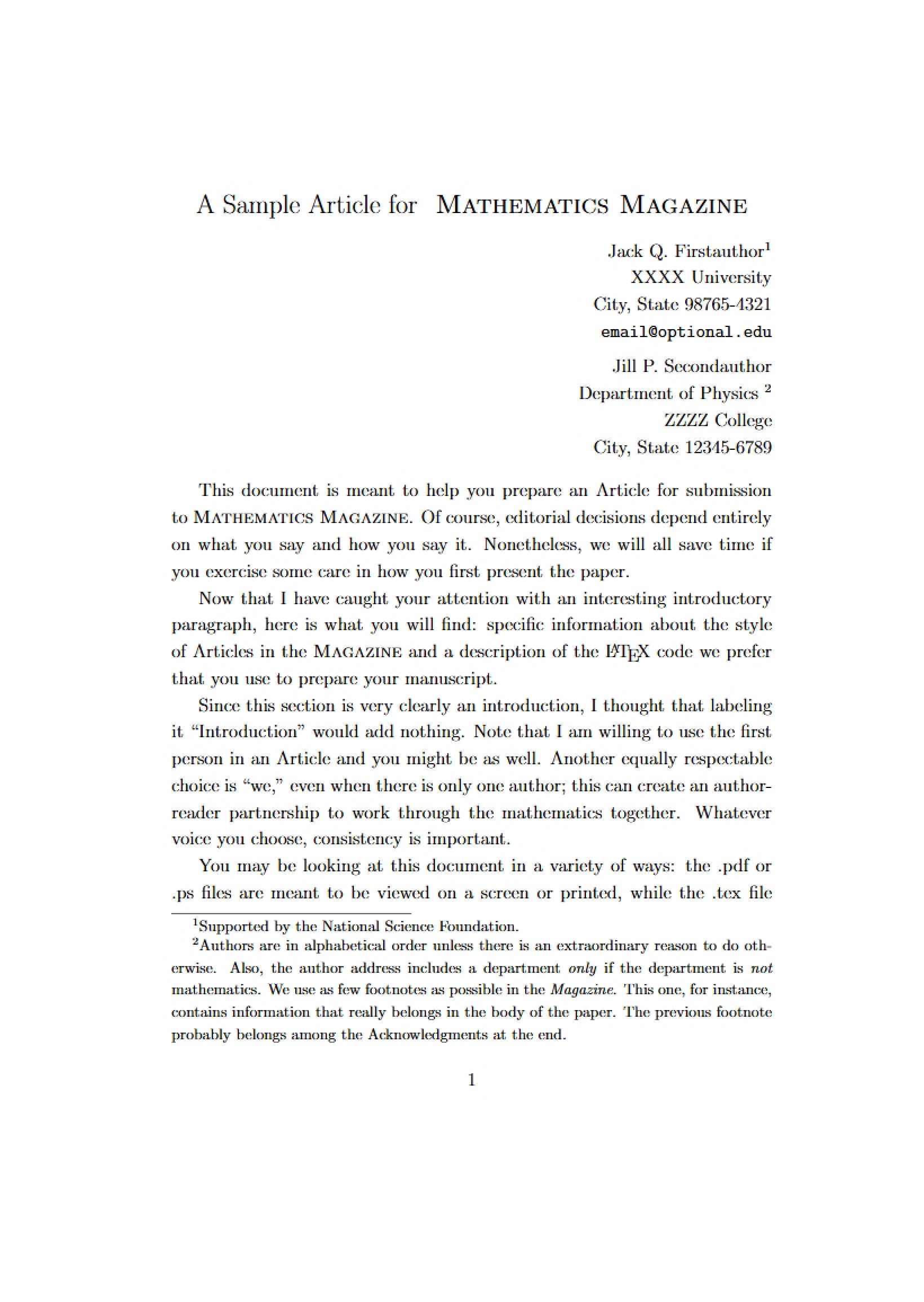 Mathematics Magazine Sample Article