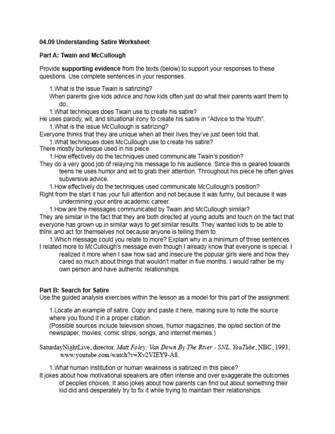 Worksheet on Satire Analysis