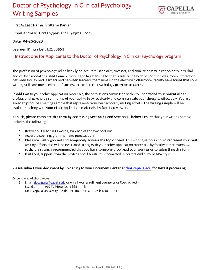 Writing Samples - Doctor of Psychology in Clinical Psychology