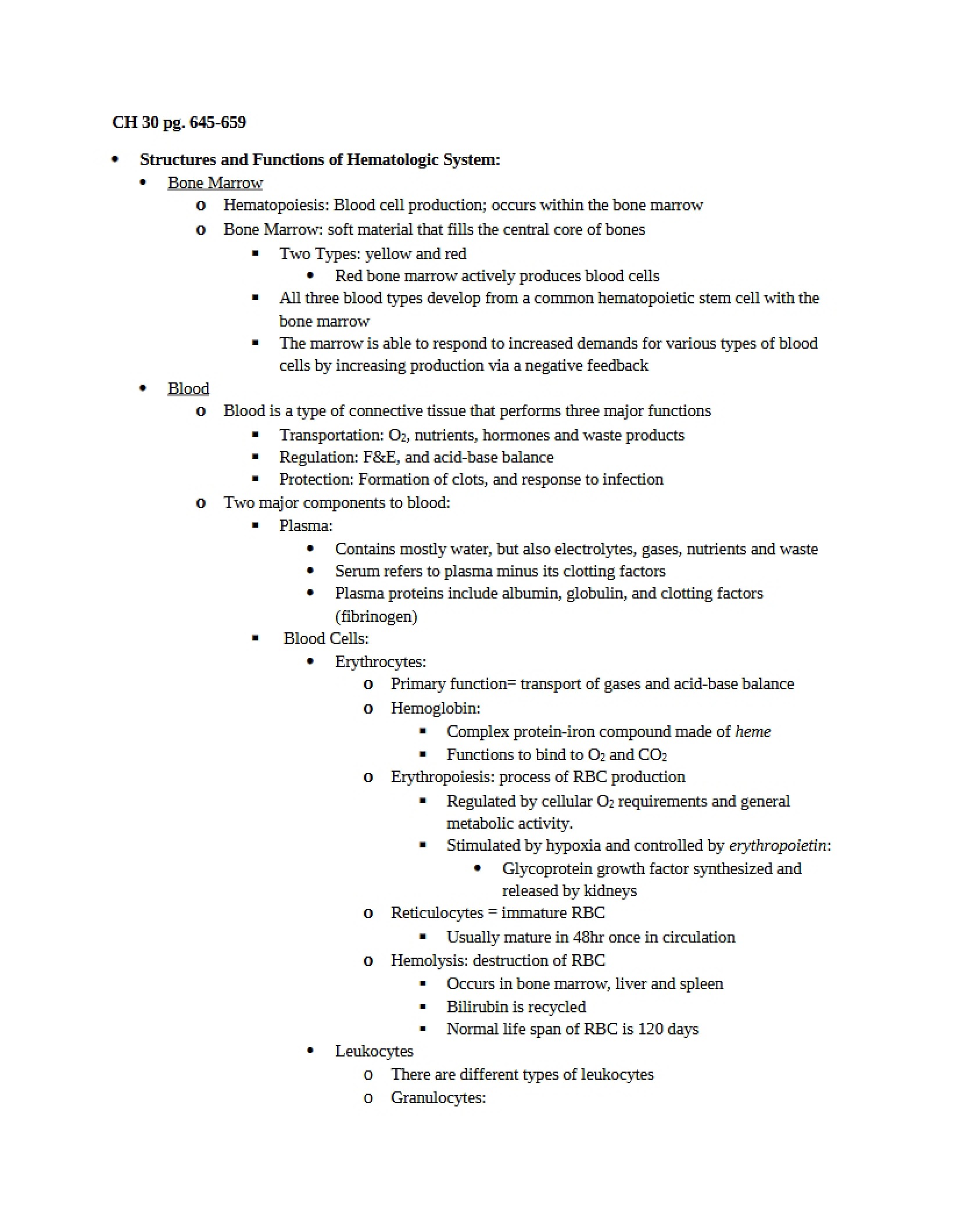 Hematologic System Functions and Structures