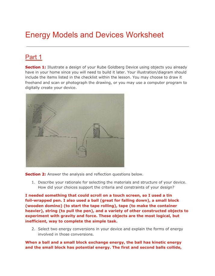 Worksheet on Energy Models and Devices