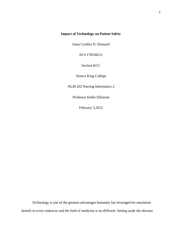 Impact of Technology on Patient Safety Section A