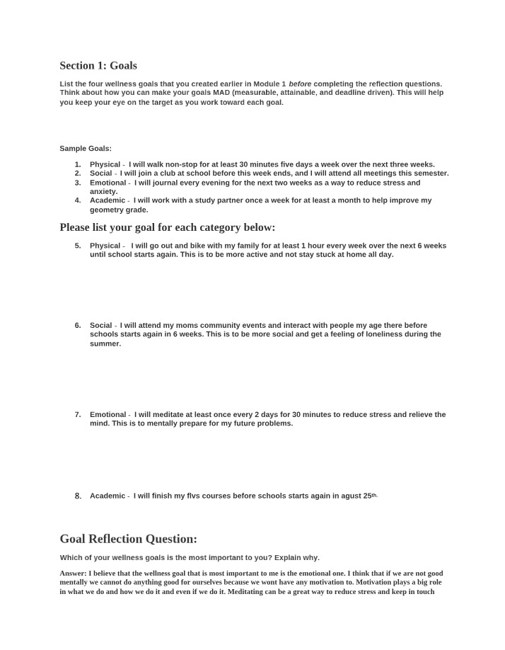 Wellness Goals List and Reflection - Section 1