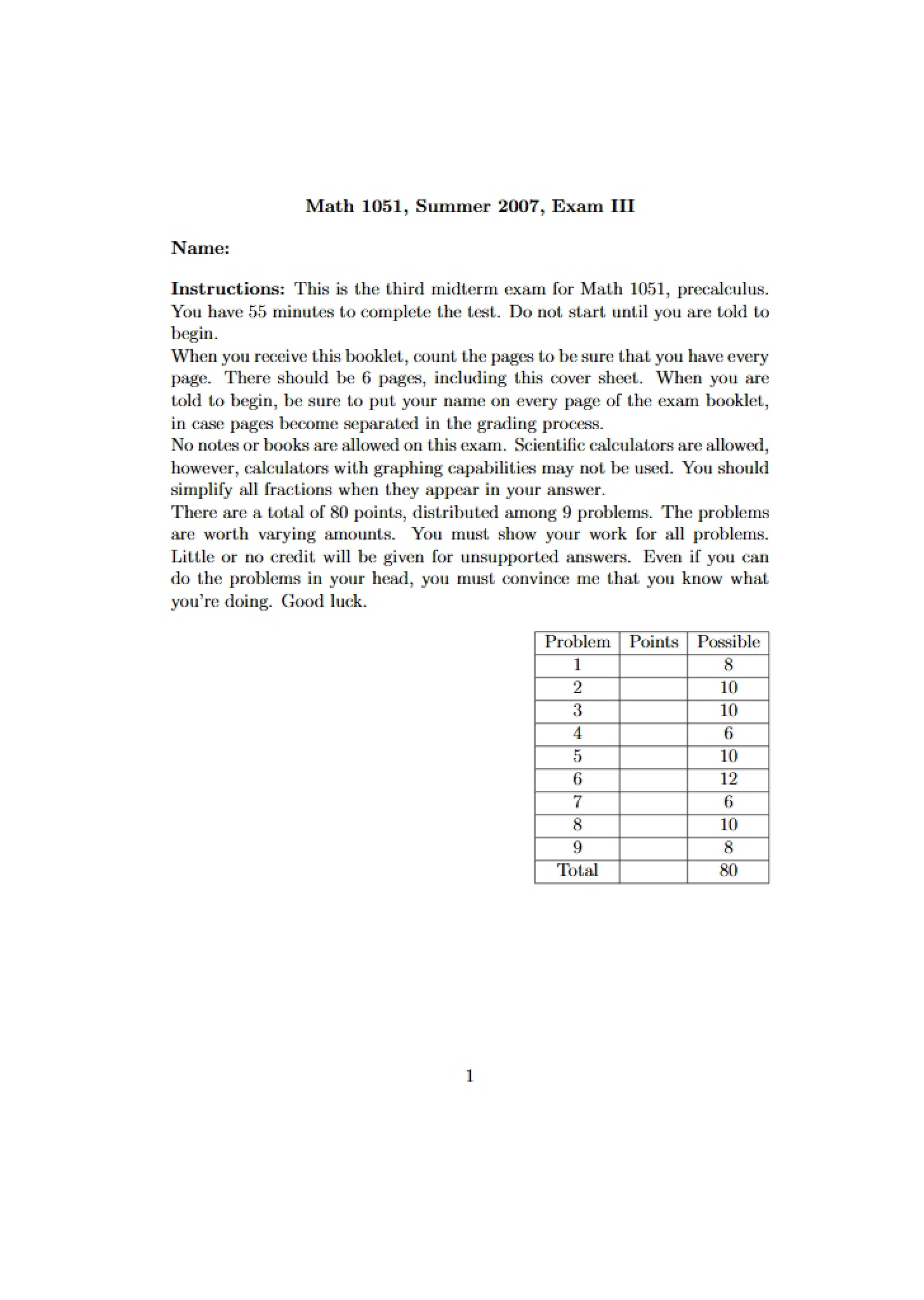 Third Exam Math 1051