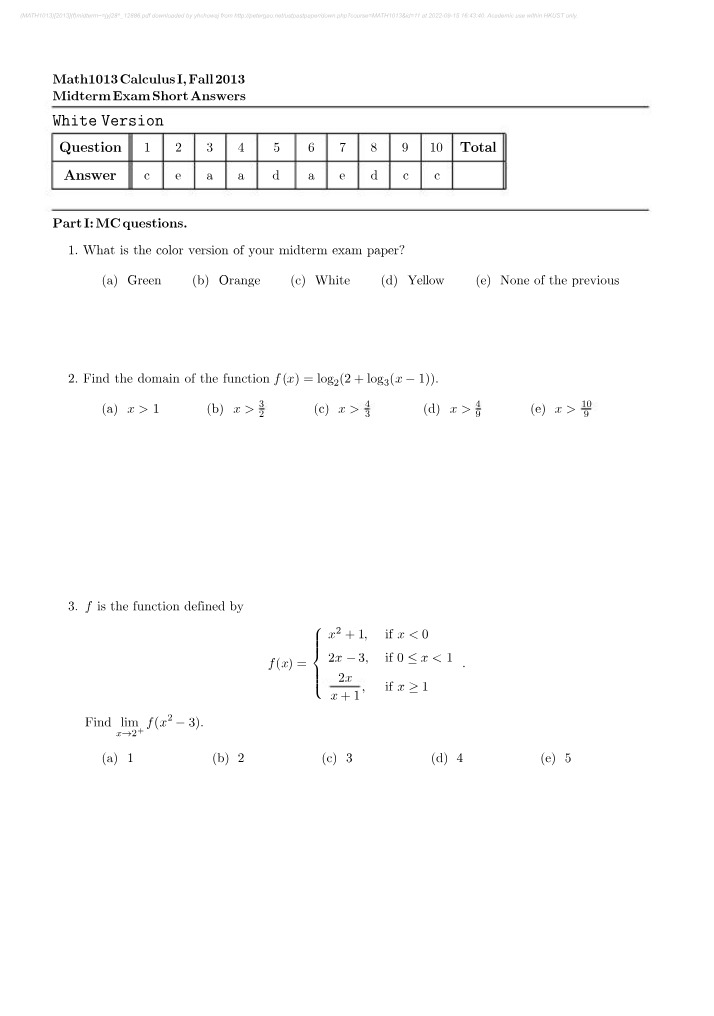 MATH1013 Midterm Exam - Short Answers