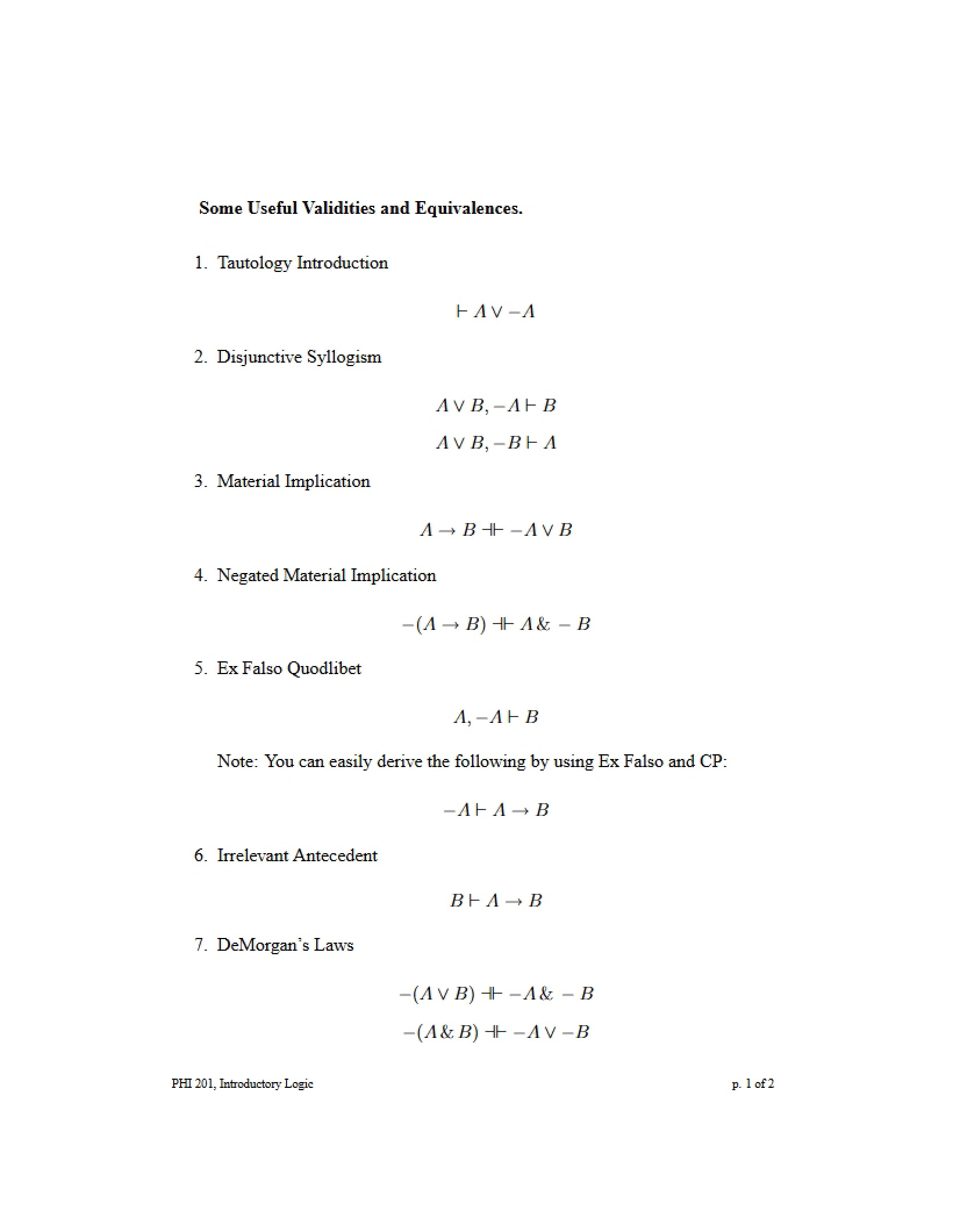 Equivalences and Validities Useful Guide