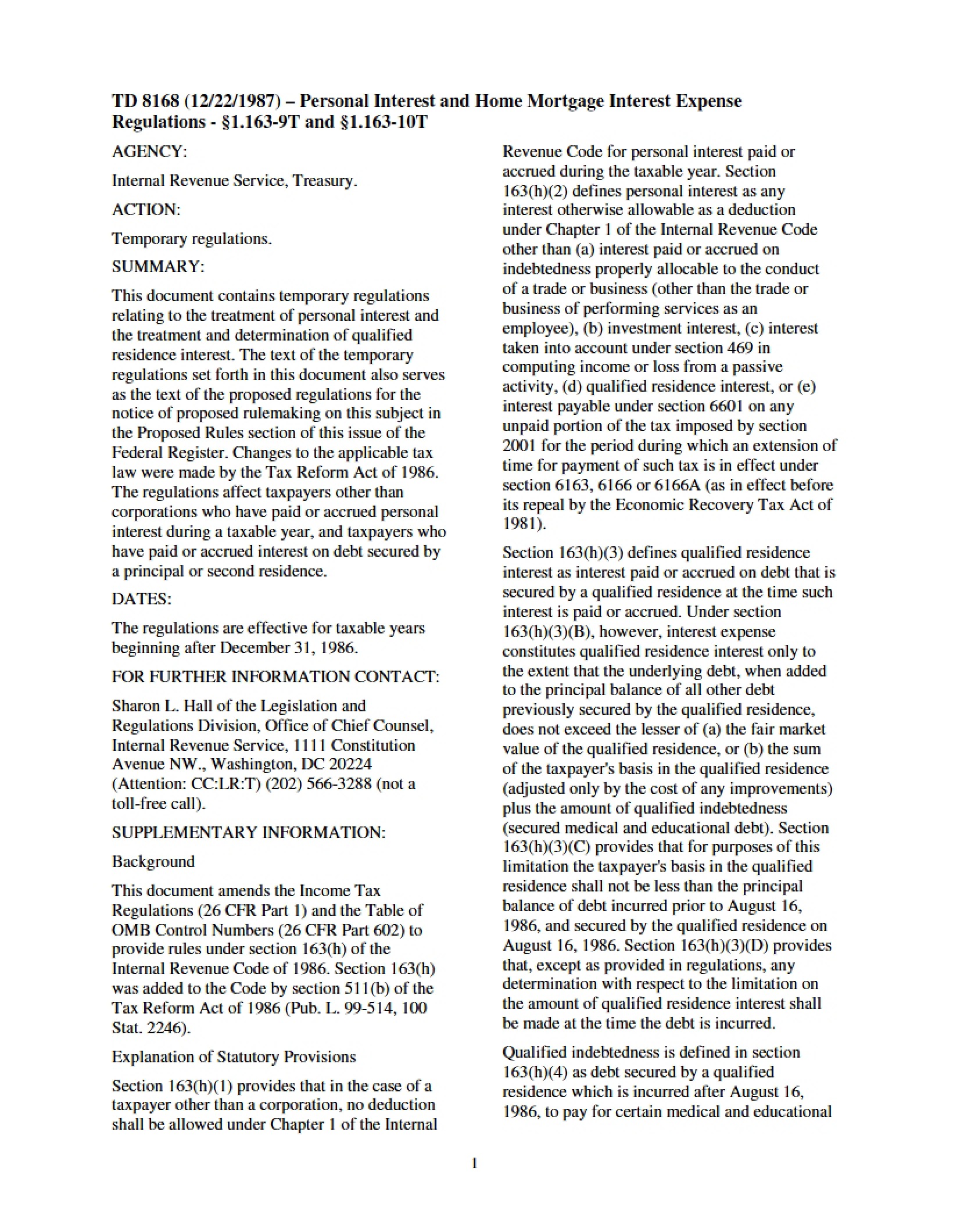 Regulations for Home Mortgage and Personal Interest Expenses