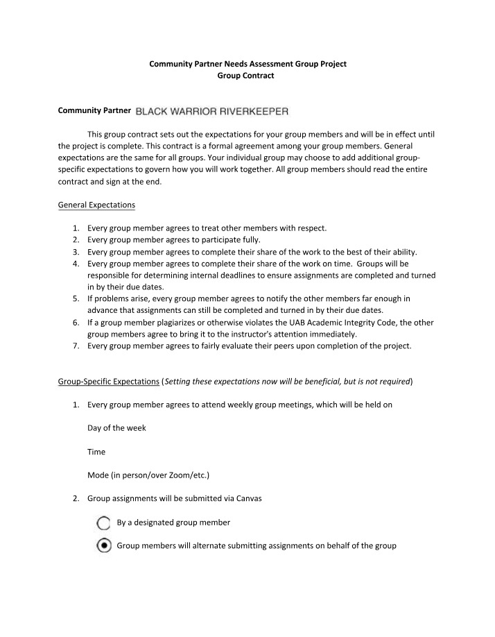 Group Contract for Community Partner Needs Assessment Project