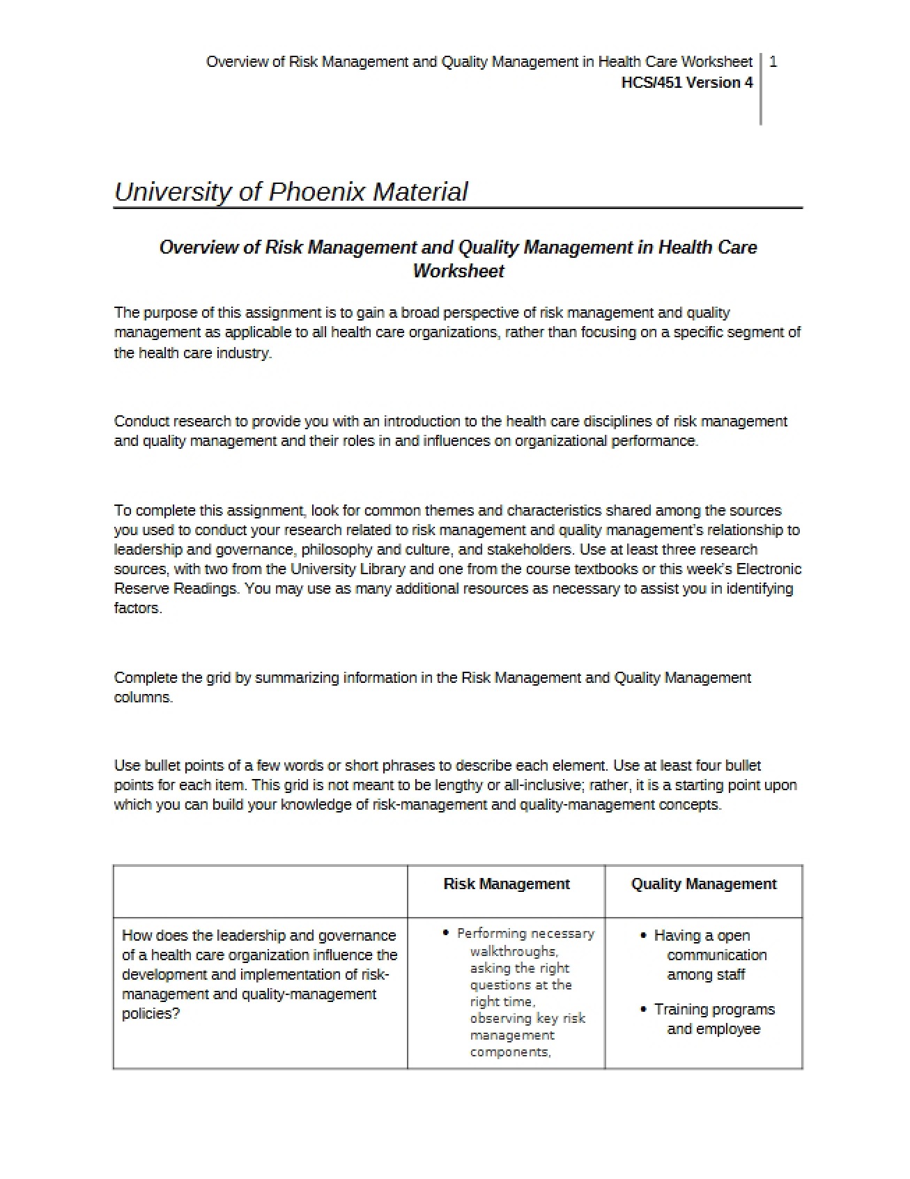 Worksheet Quality and Risk Management in Health Care