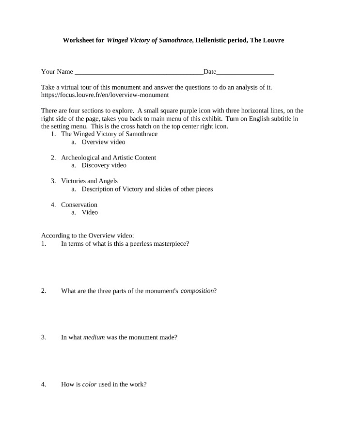 Winged Victory of Samothrace Worksheet