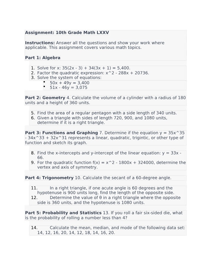 10th Grade Math - Assignment 75
