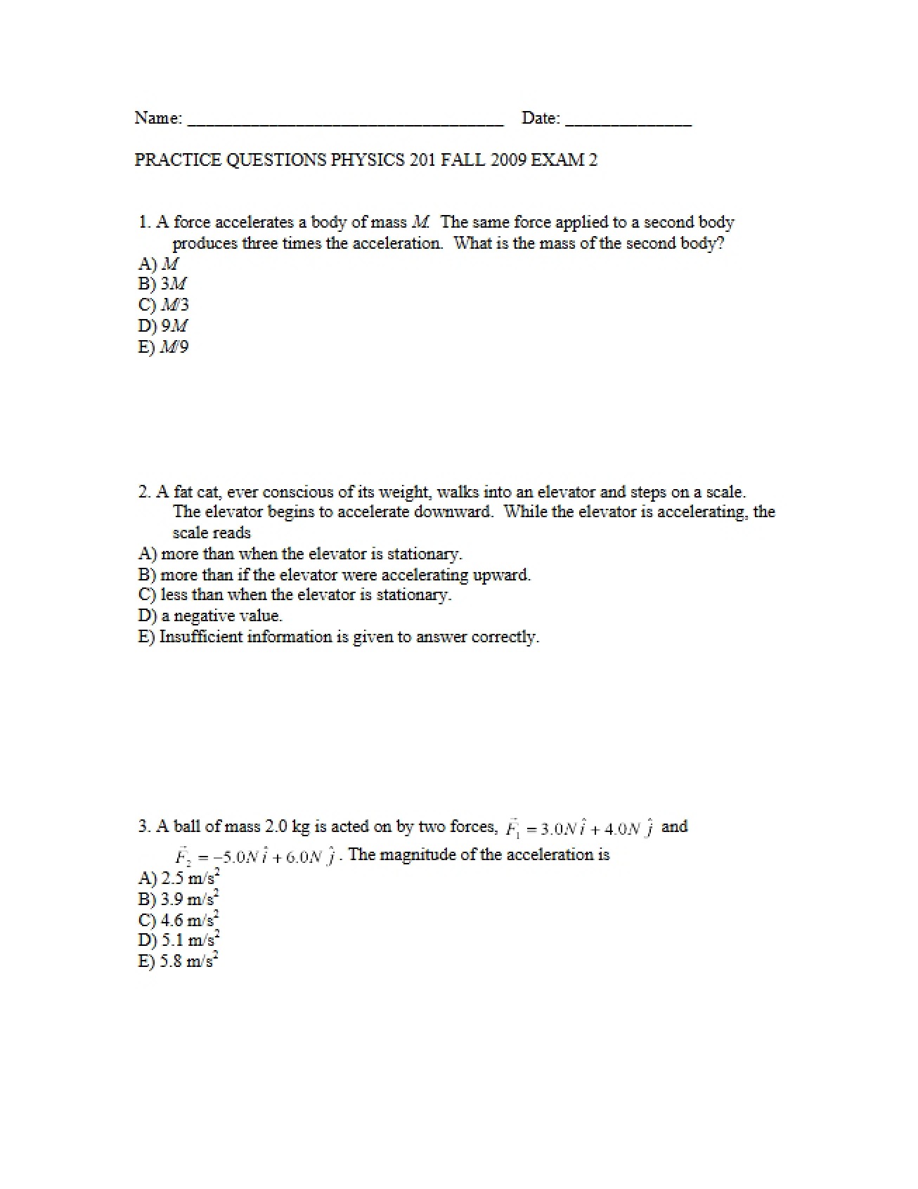 Practice Questions Set 1 (Phys 201)