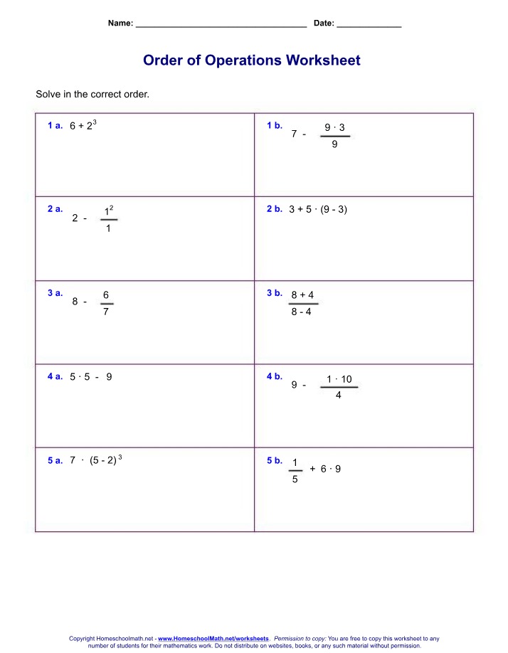 Worksheet on Order of Operations