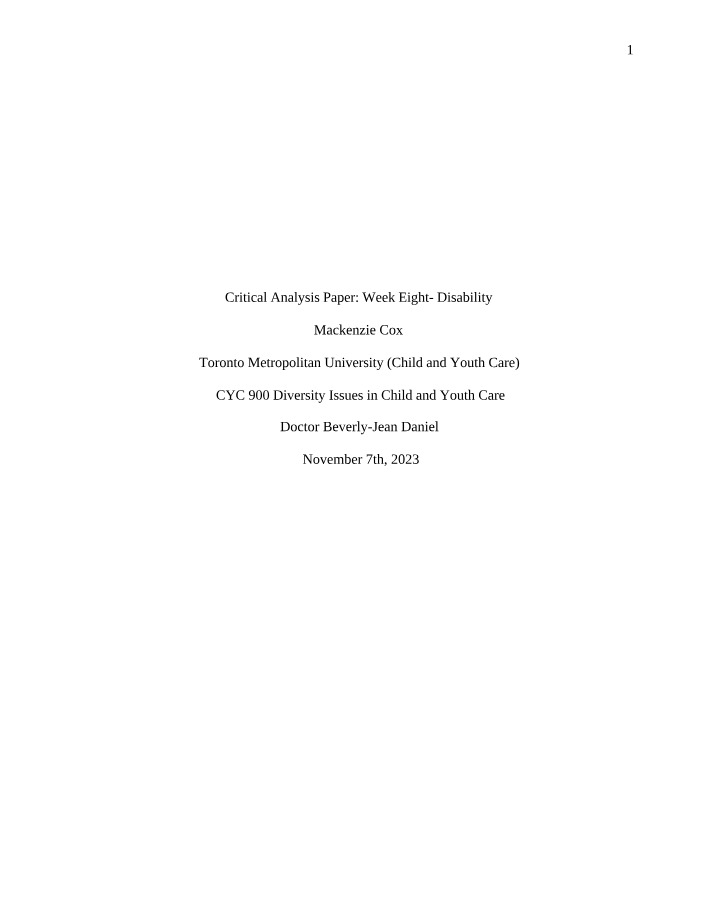 Week Eight - Critical Analysis Paper on Disability