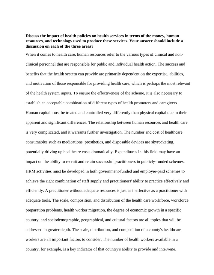 Impact of Health Policies on Health Services