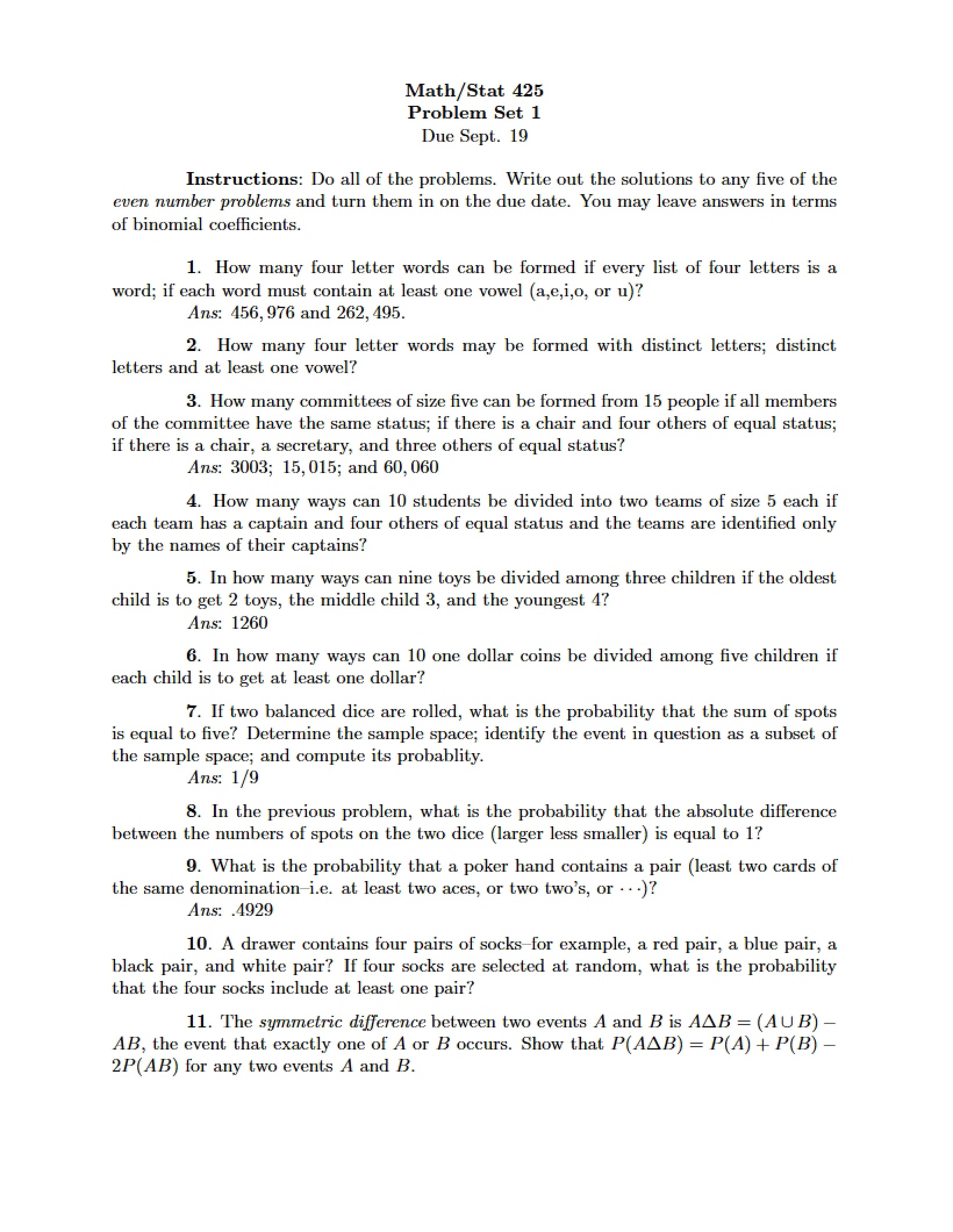 Problem Set 1 for Math-Stat 425