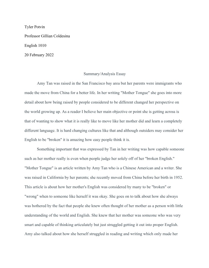 Summary and Analysis of Amy Tan's Mother Tongue