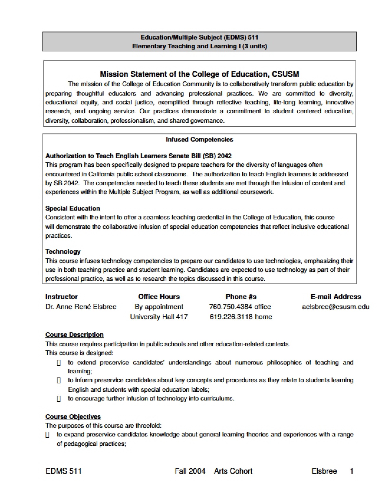 Elementary Teaching and Learning One Syllabus V2