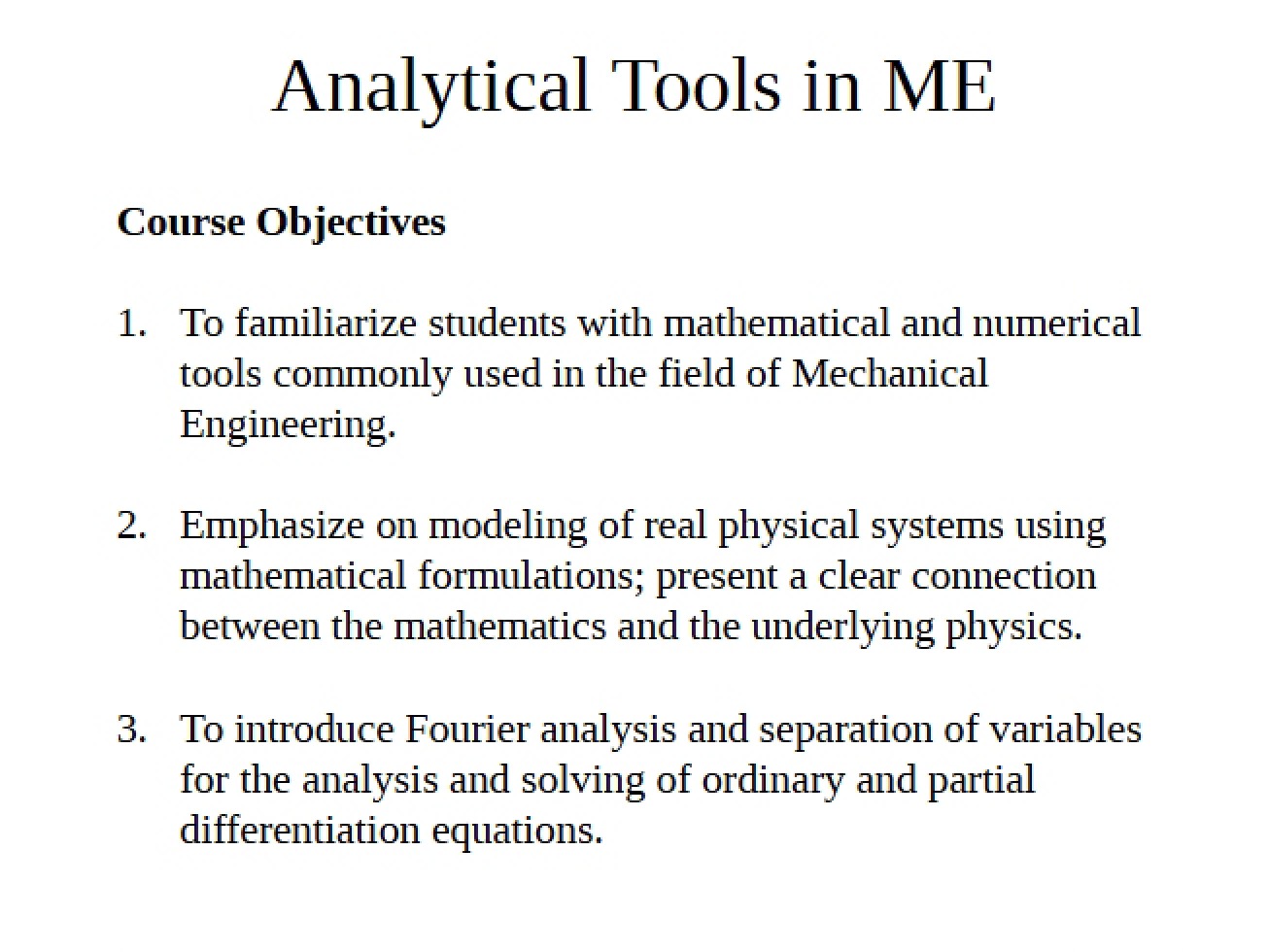 Course Objectives and Learning Outcomes for Analytical Tools