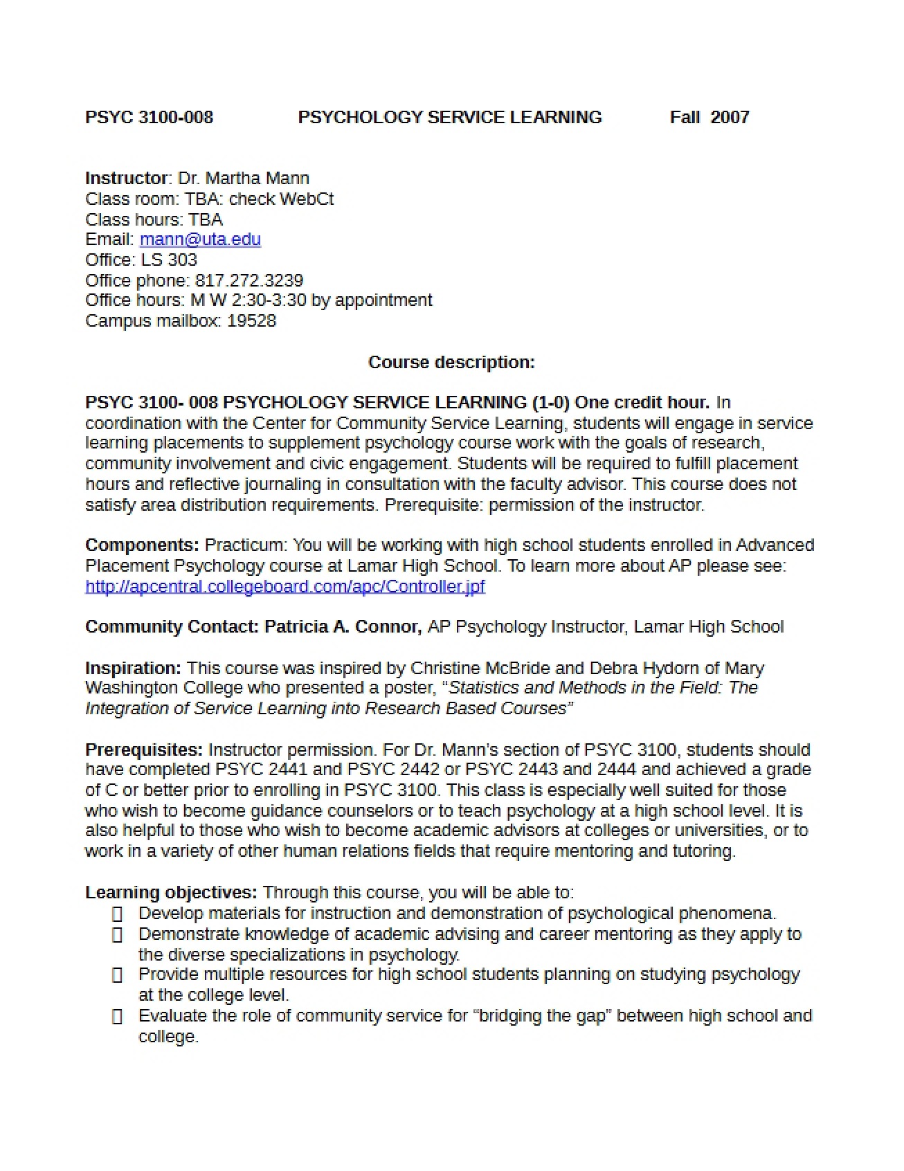 Syllabus Psychology Service Learning