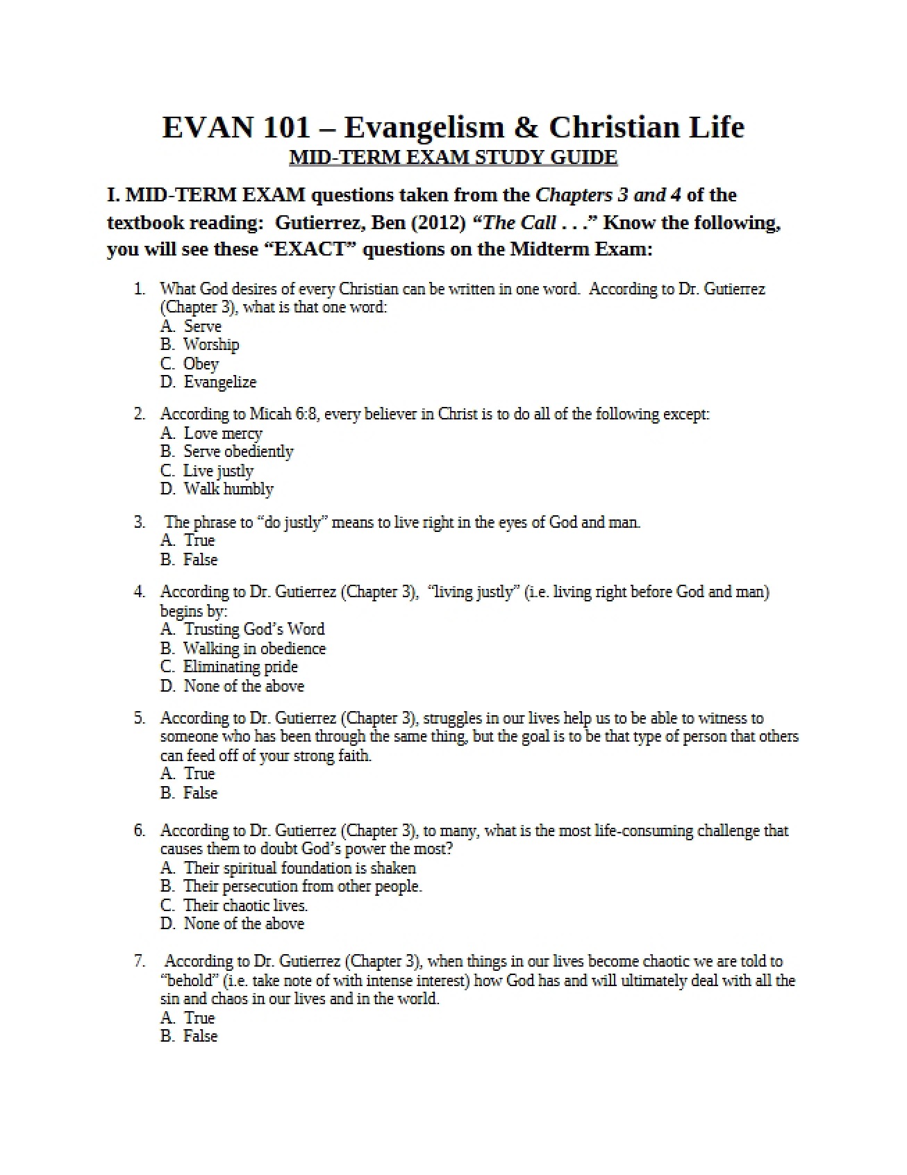 Mid-Term Exam Study Guide for Evangelism and Christian Life