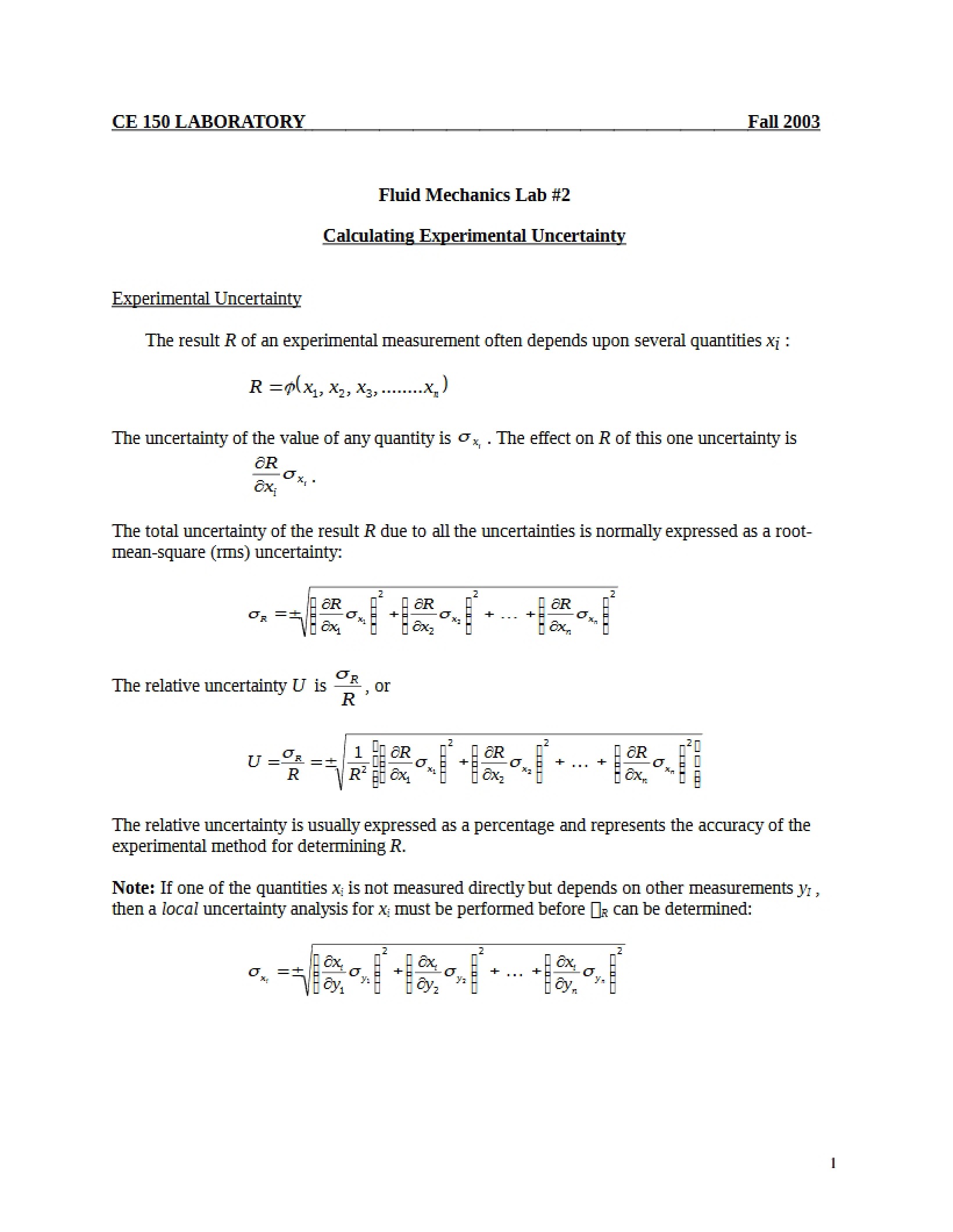 Experimental Uncertainty Calculation Lab Two