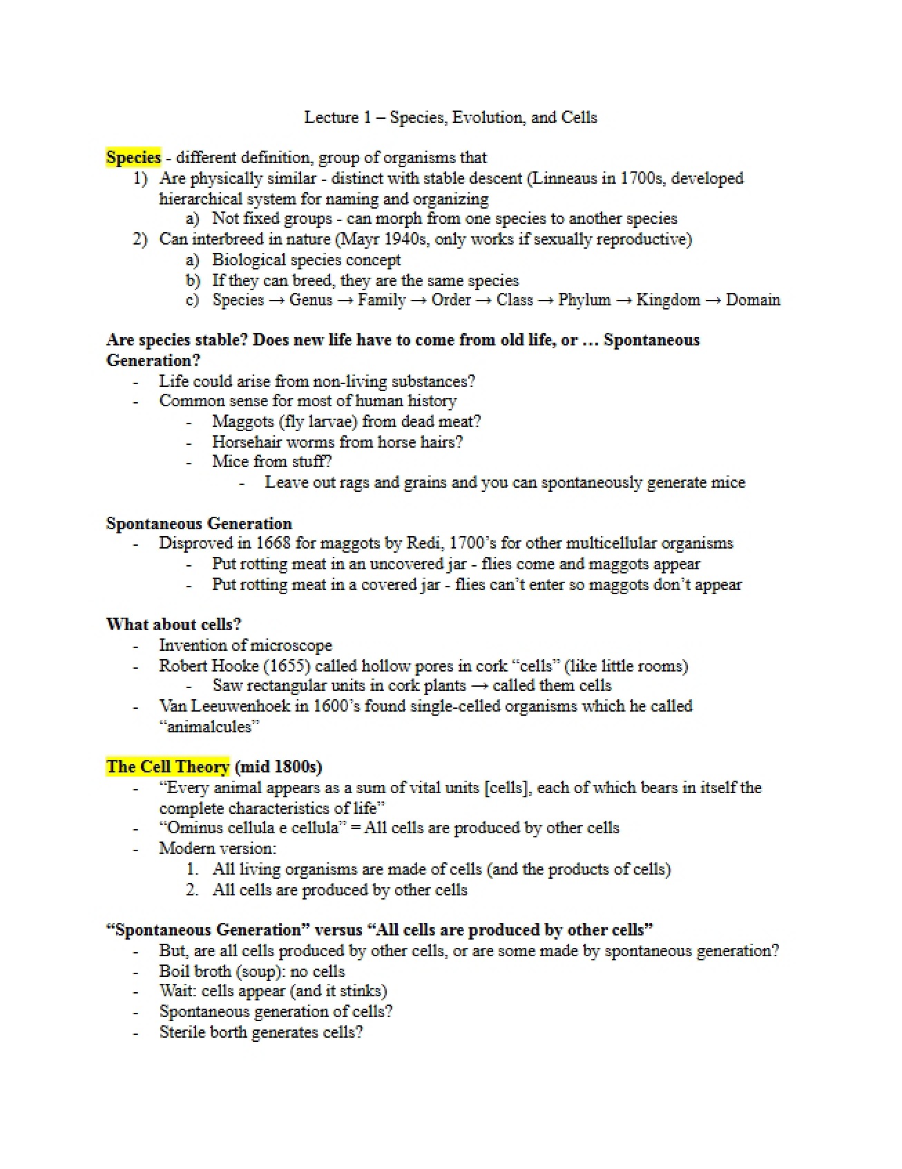First Lecture Evolution, Species, and Cells