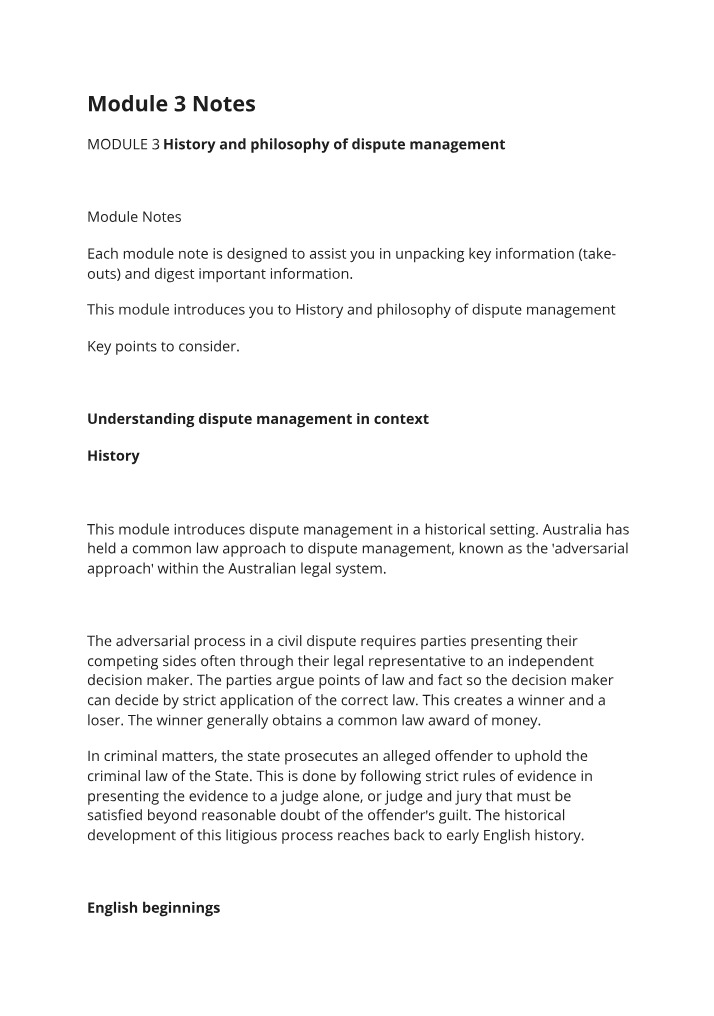 History and Philosophy of Dispute Management - Module 3 Notes