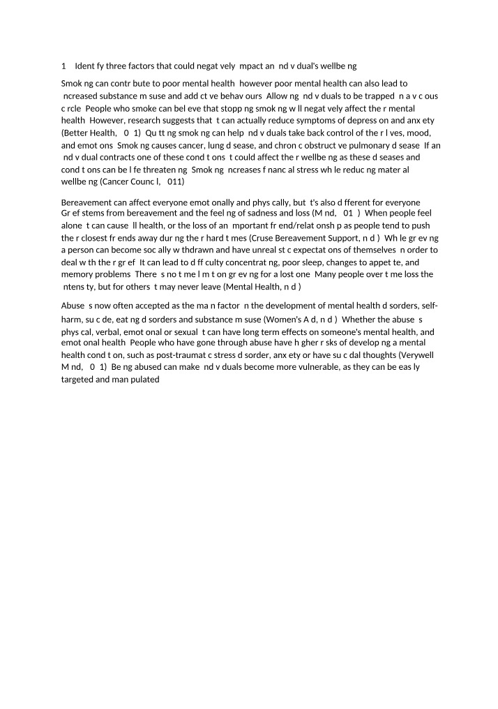 Wellbeing Factors - Smoking and Bereavement