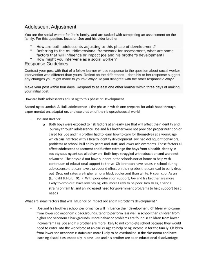 Assessment of Adolescent Adjustment for Joe and His Brother