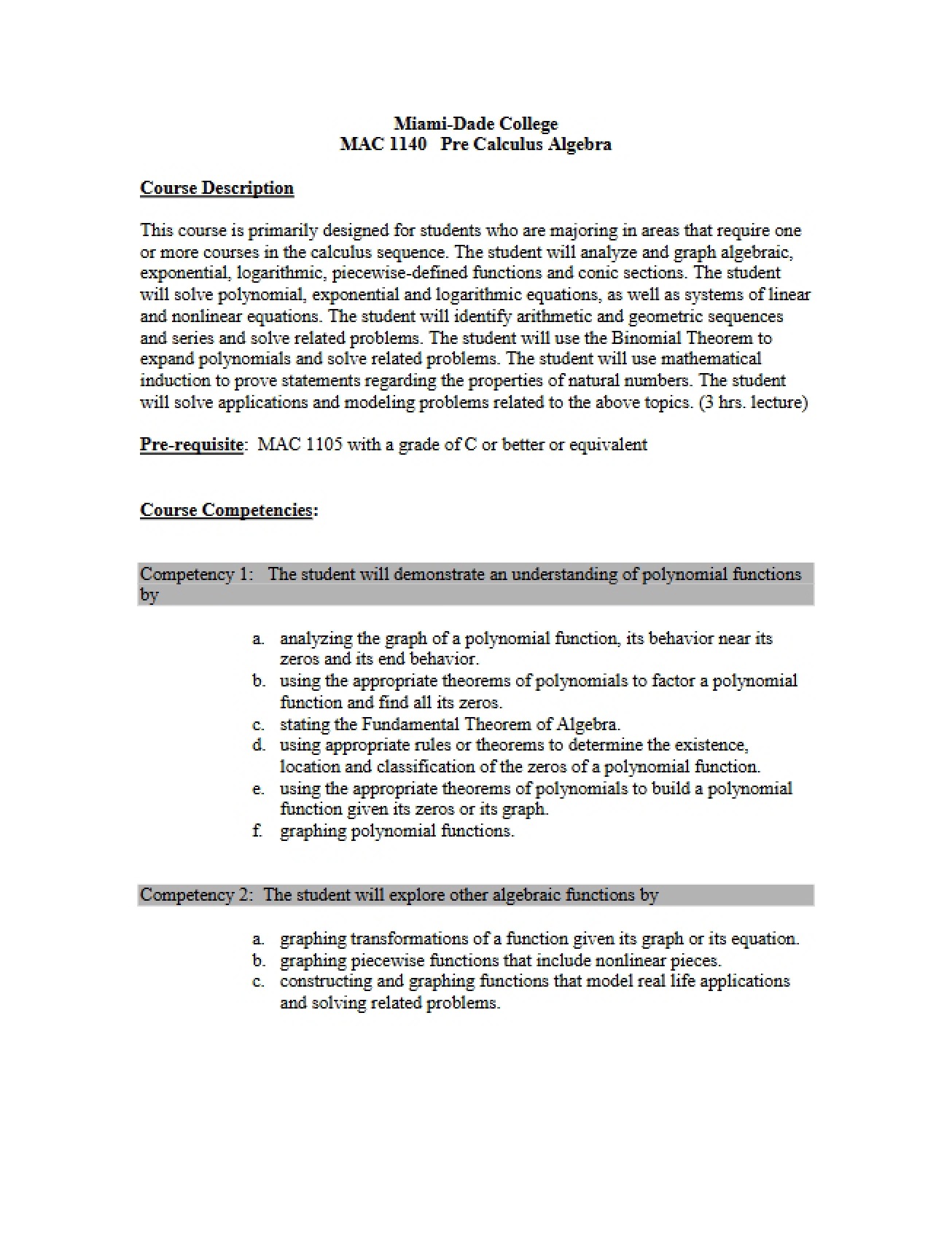 Pre-calculus Algebra Competencies
