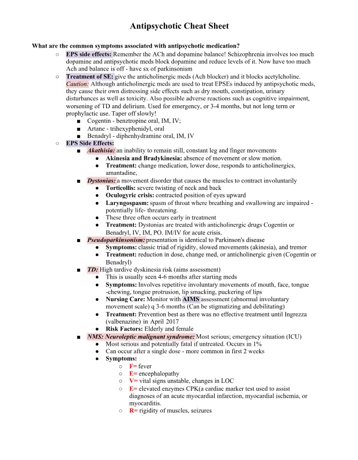 Antipsychotic Medications Cheat Sheet