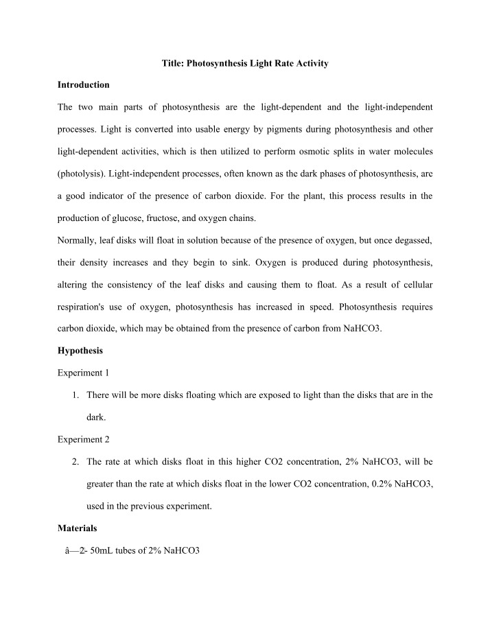 Activity on Photosynthesis Light Rates