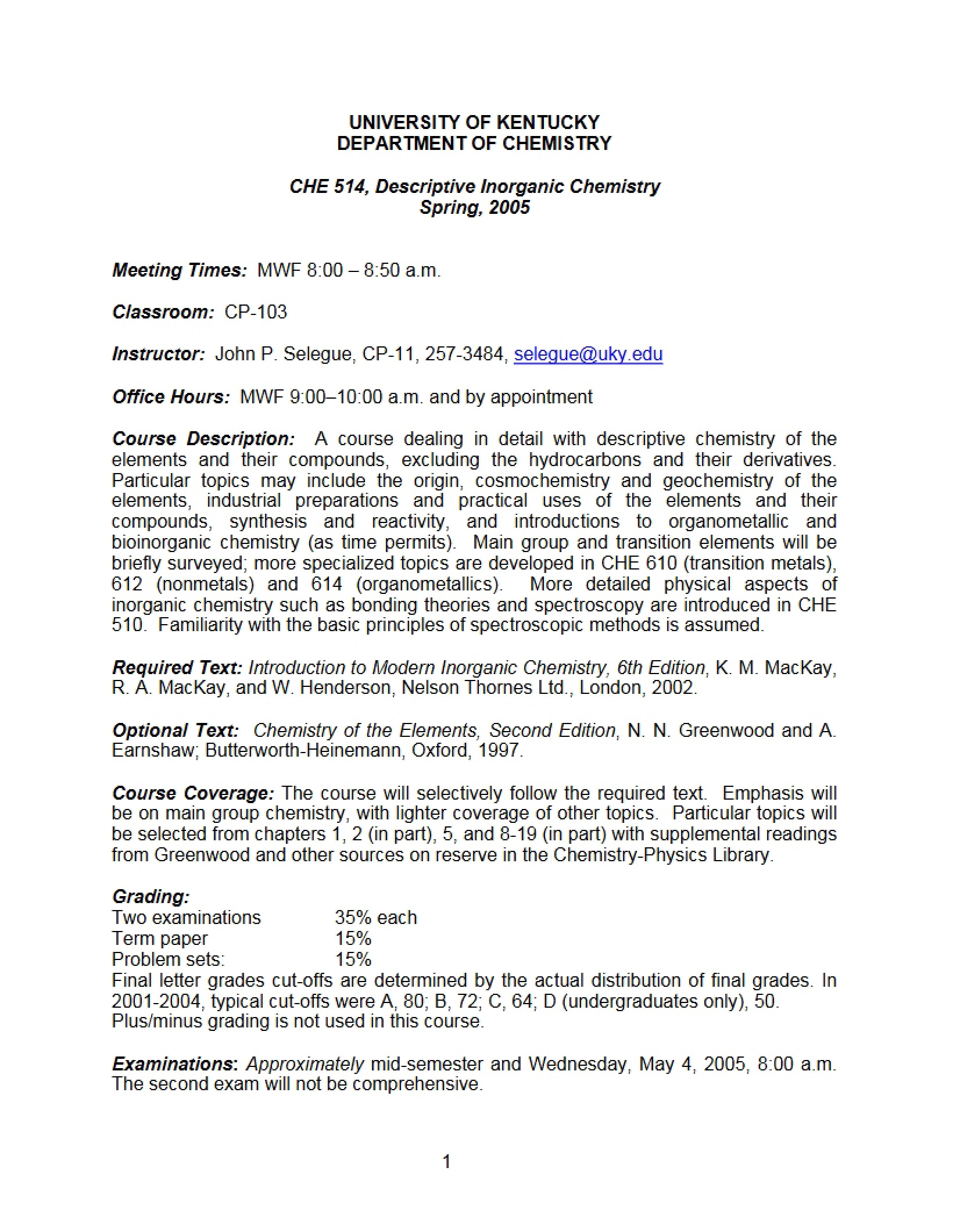 Descriptive Inorganic Chemistry (CHE 514)