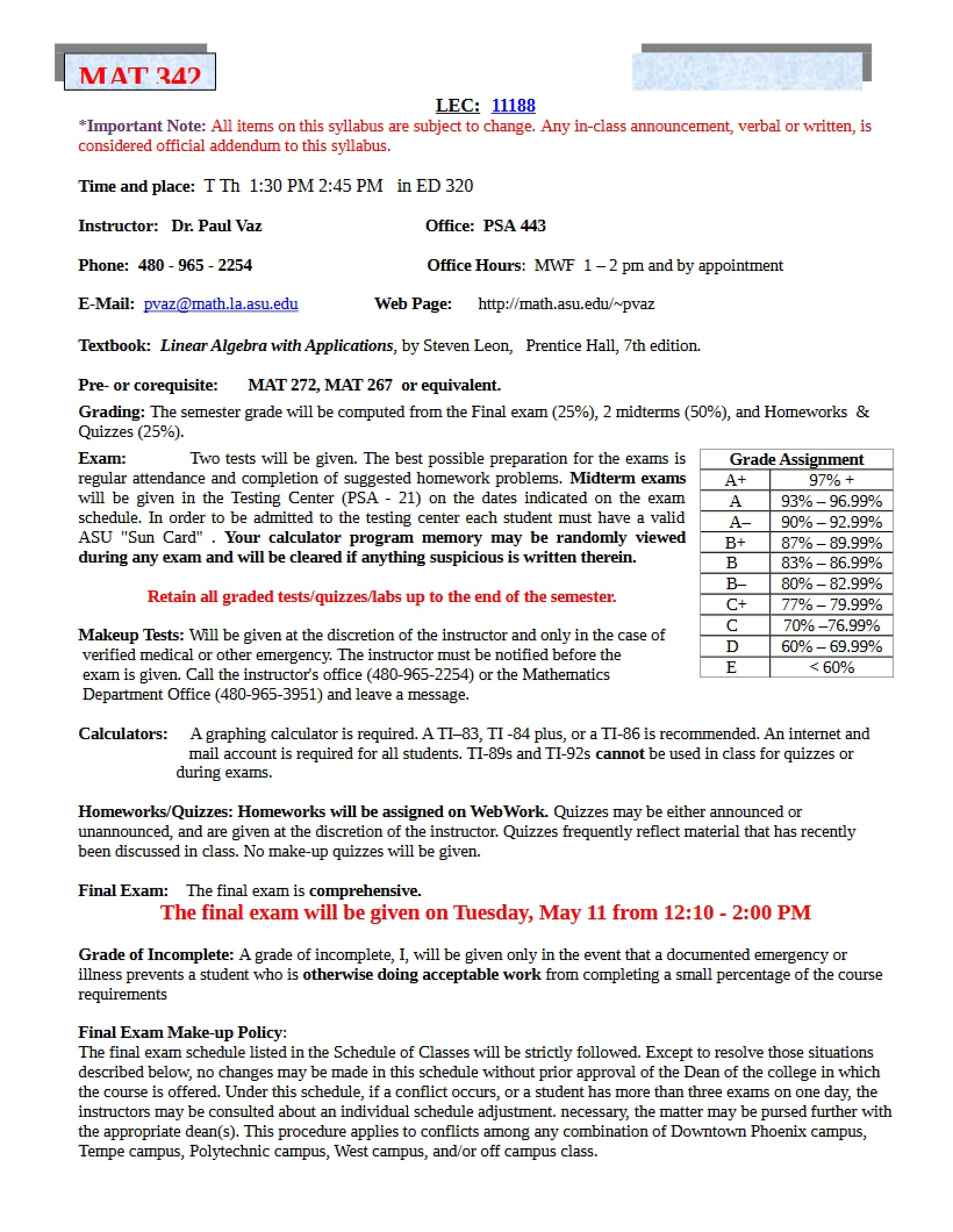 Course Outline Linear Algebra