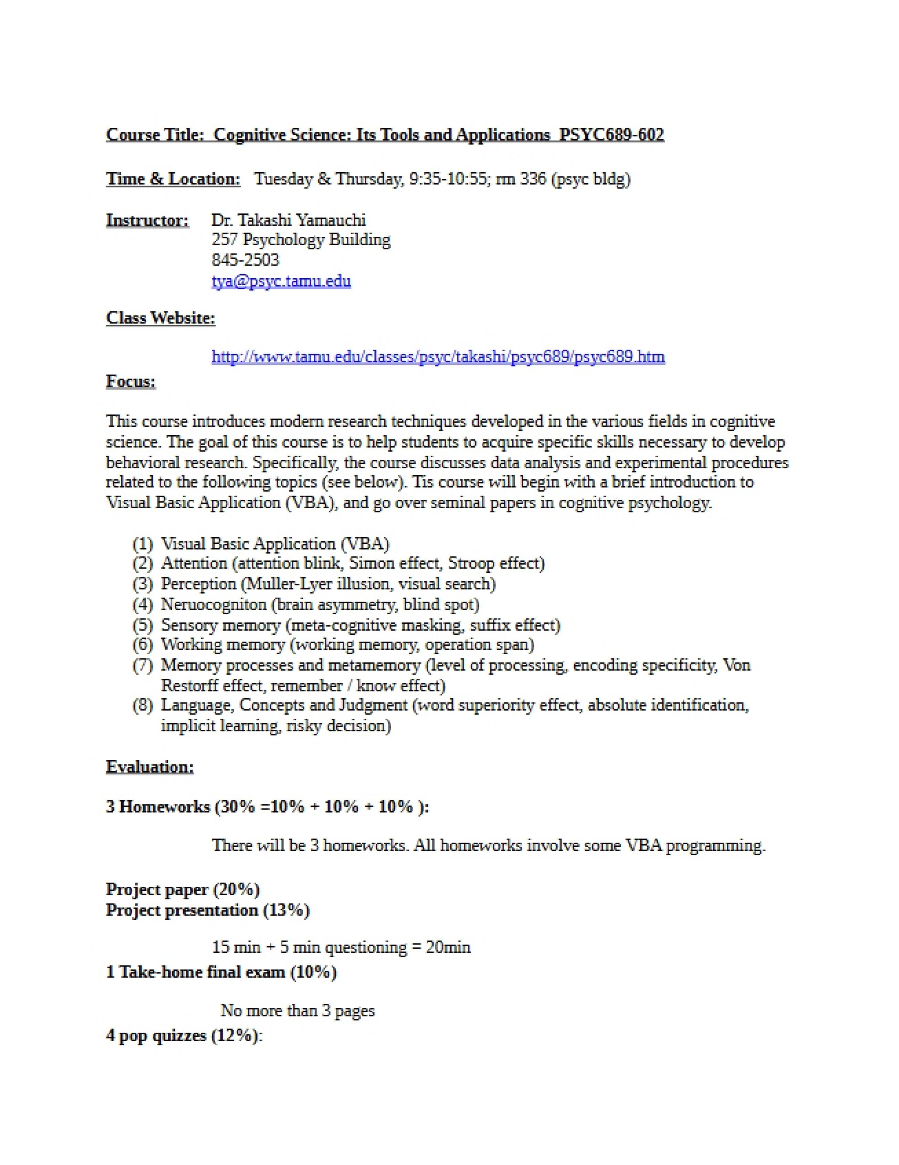 Syllabus for Special Topics in Psychology