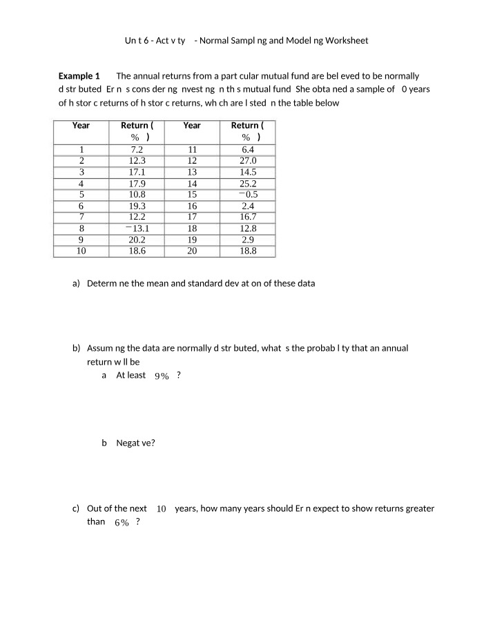 Worksheet on Normal Sampling and Modeling