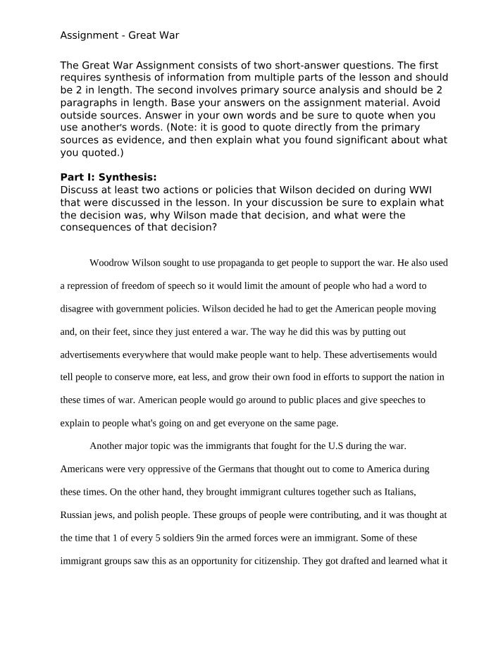 WWI Consequences and Propaganda - Wilson's Decisions