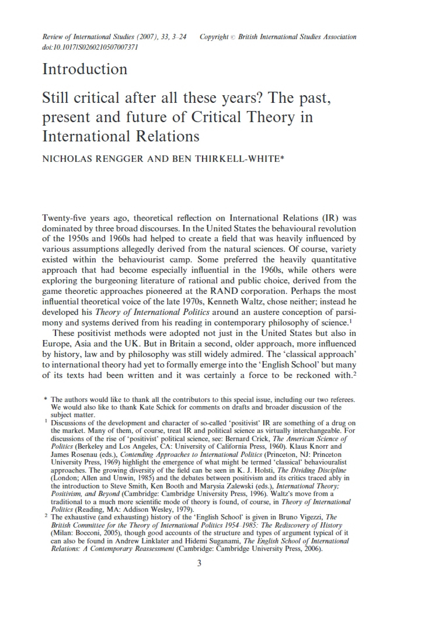 Critical Theory in IR Past, Present, Future