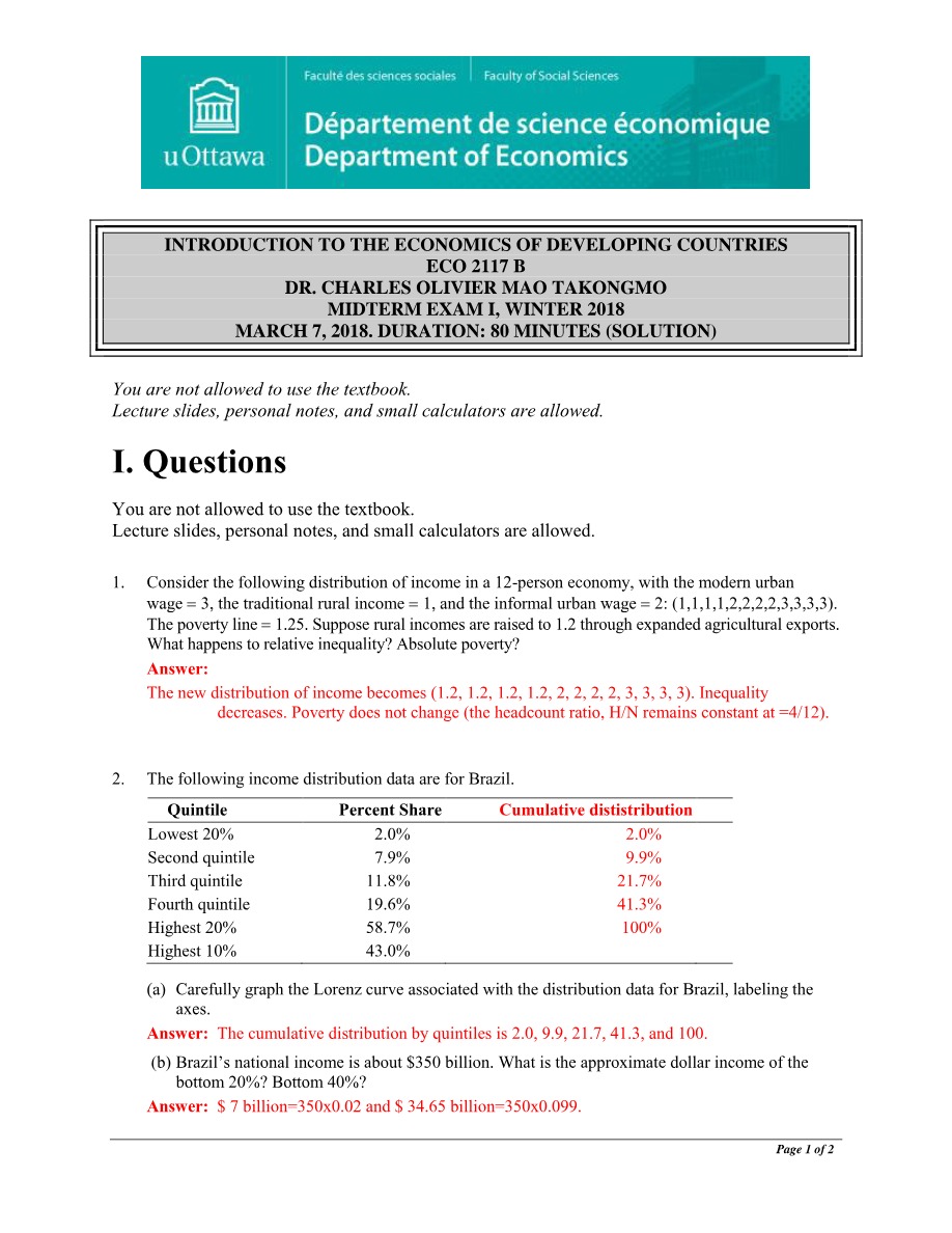 Winter 2018 Midterm Exam I Solution - ECO 2117B