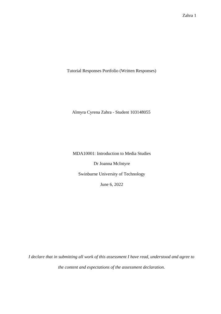 Tutorial Responses Portfolio Part A