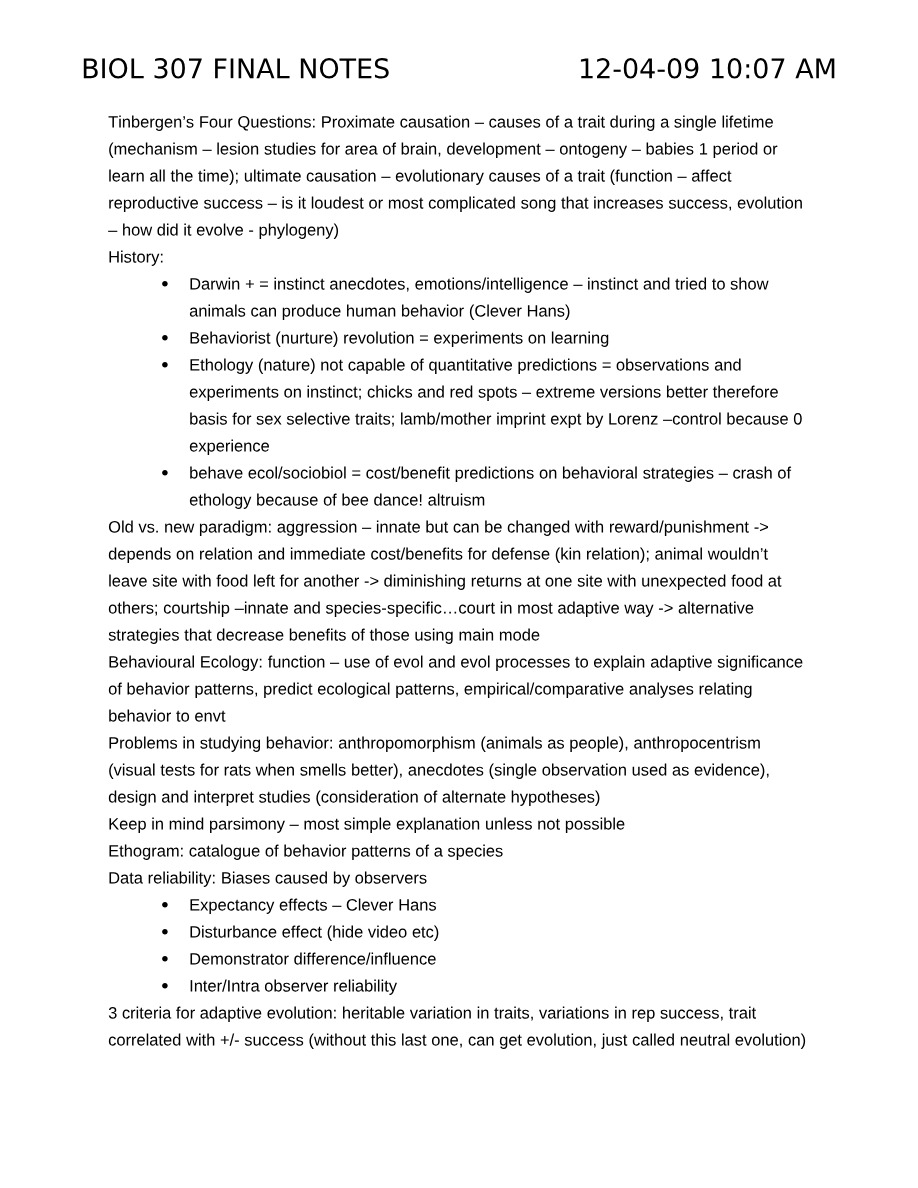 Final Notes for BIOL 307