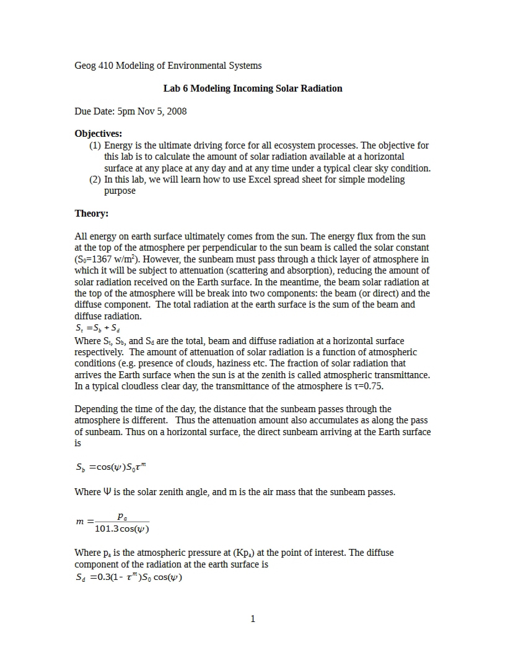 Incoming Solar Radiation Modeling (Lab 6)