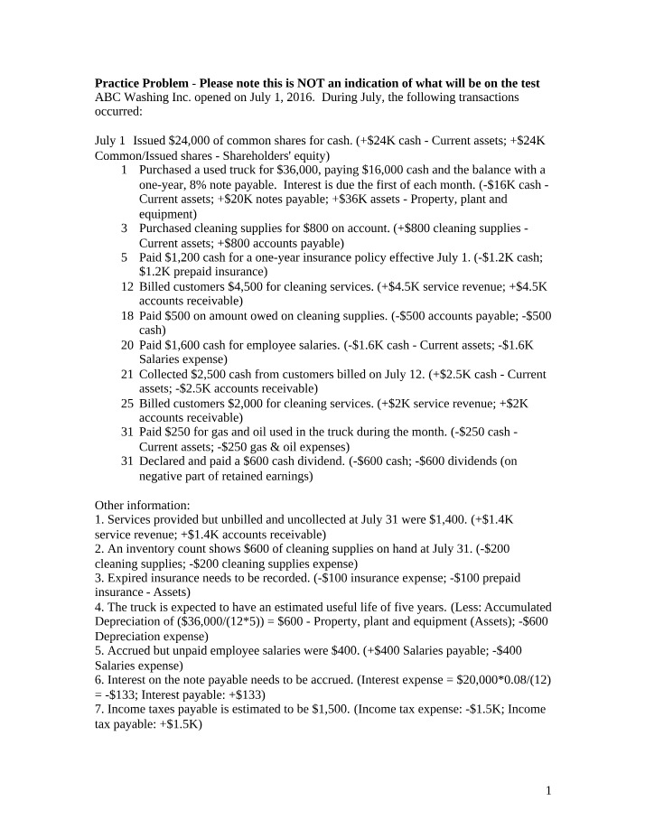 Bookkeeping Cycle Practice Problem