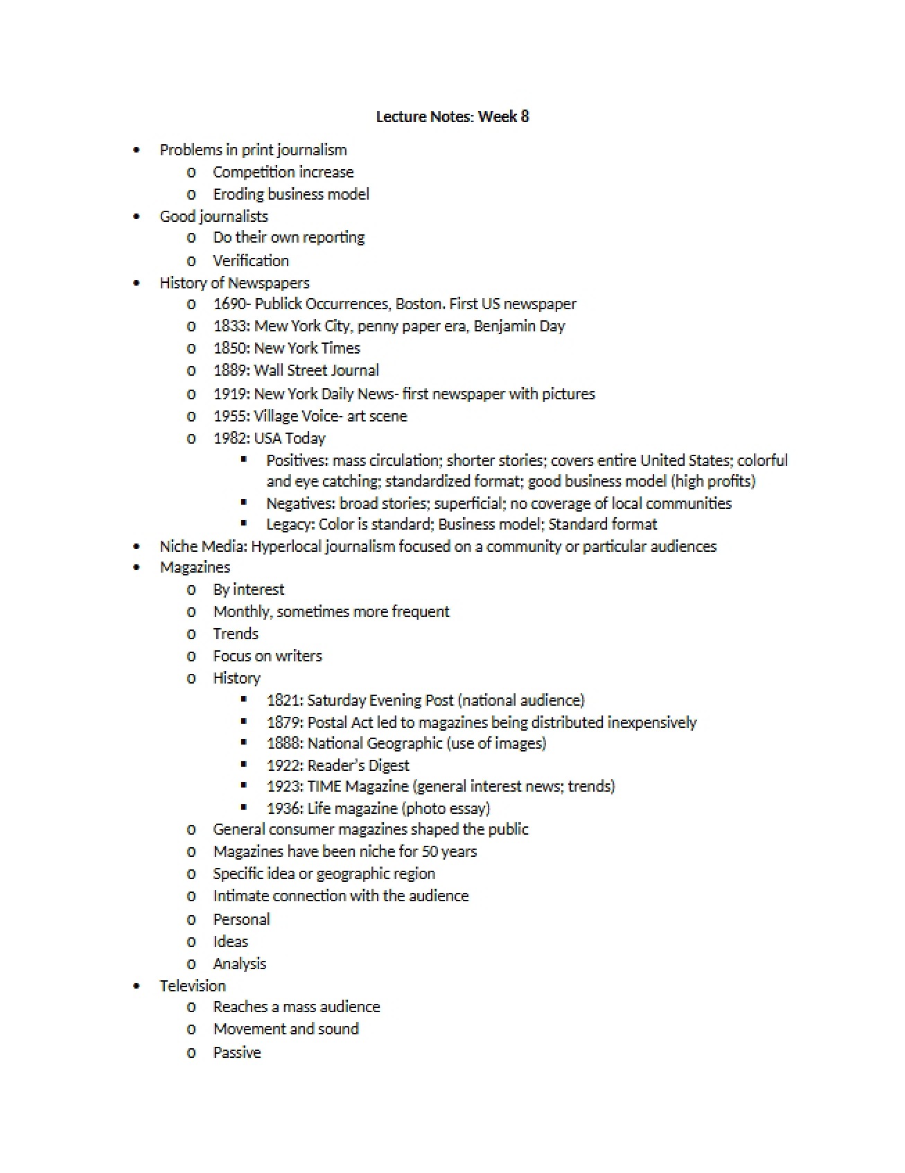 Lecture Notes for the Eighth Week of Journalism and Society