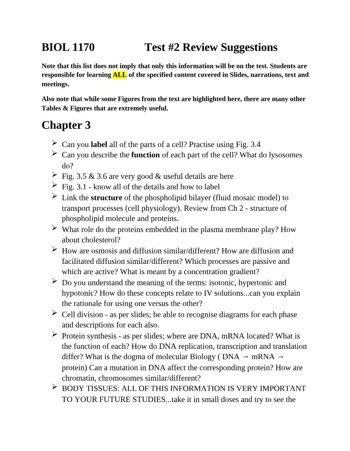 Cell Structure and Function - Review for BIOL 1170 Test 2