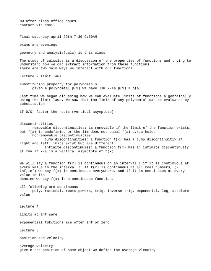 MAC2311 Calculus I Study Notes