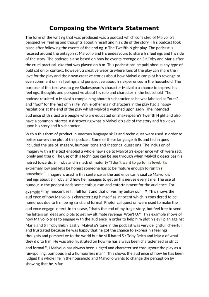 Writer's Statement for Harry's Stage 1