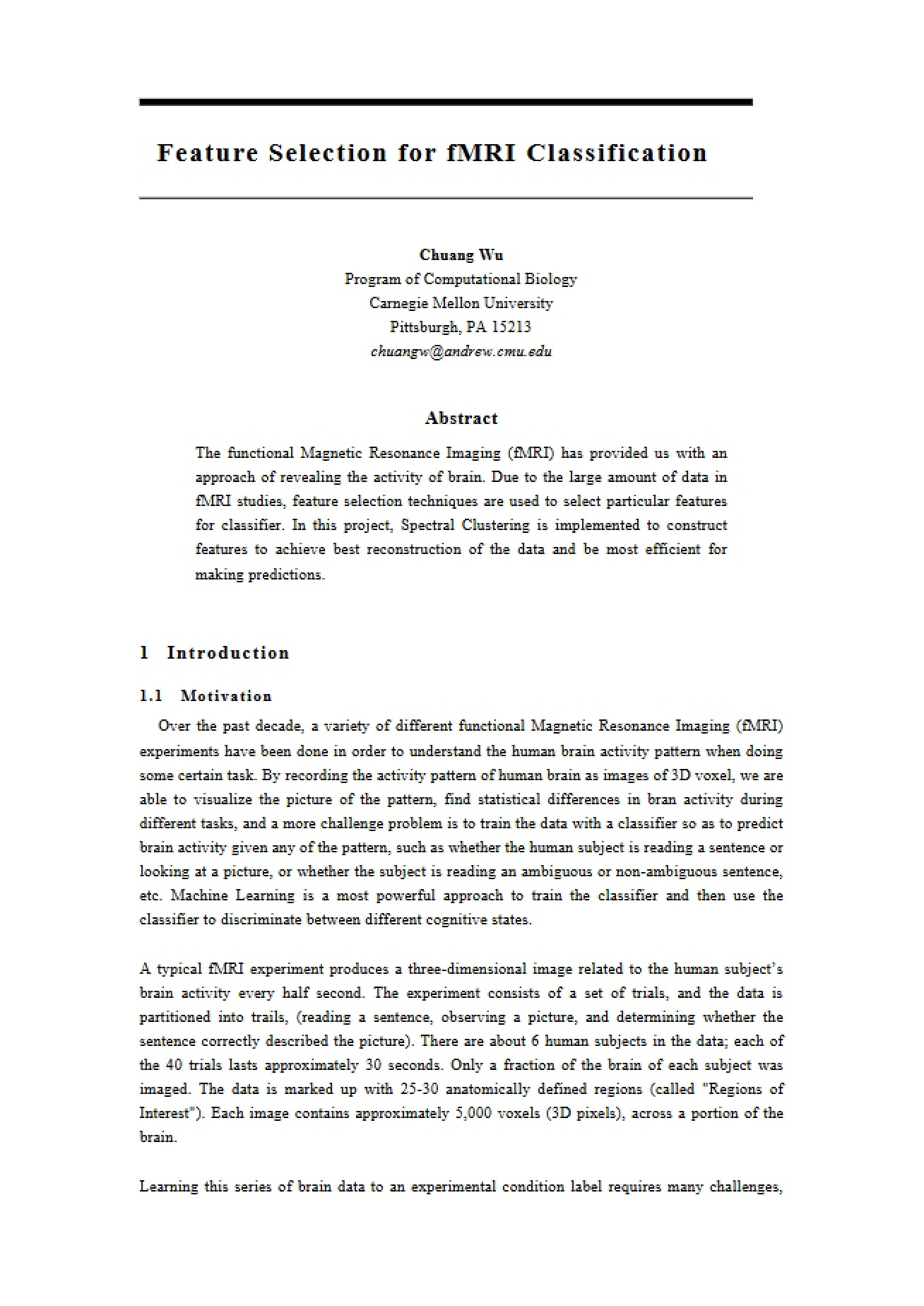 fMRI Classification Feature Selection