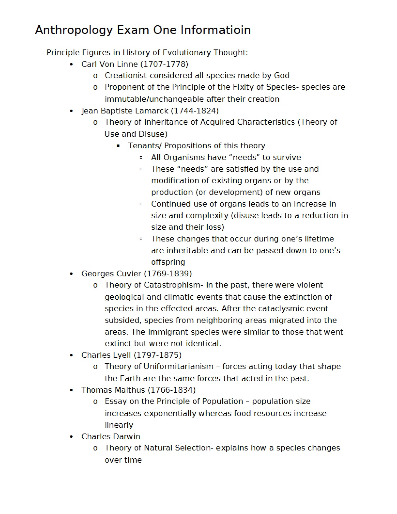 Info for Anthropology Exam 1